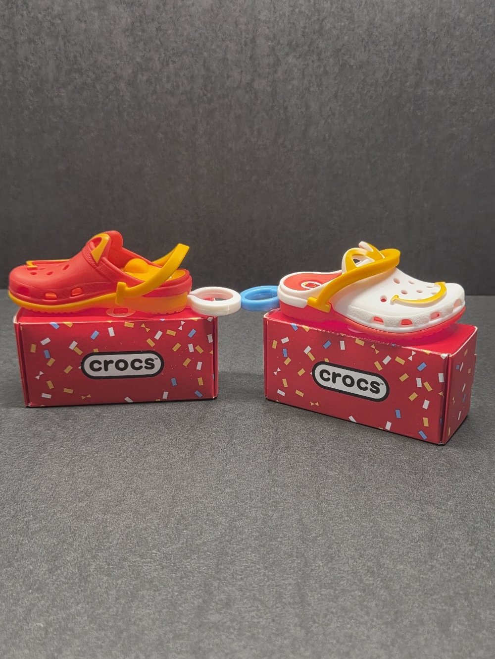 2 2024 McDonalds Mini Crocs Keychain Happy Meal Toys Red & White With Stickers